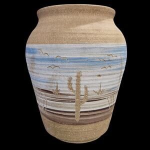 Prairie Pottery Vase Desert Scene Blue Brown Tan Handmade Southwest Art